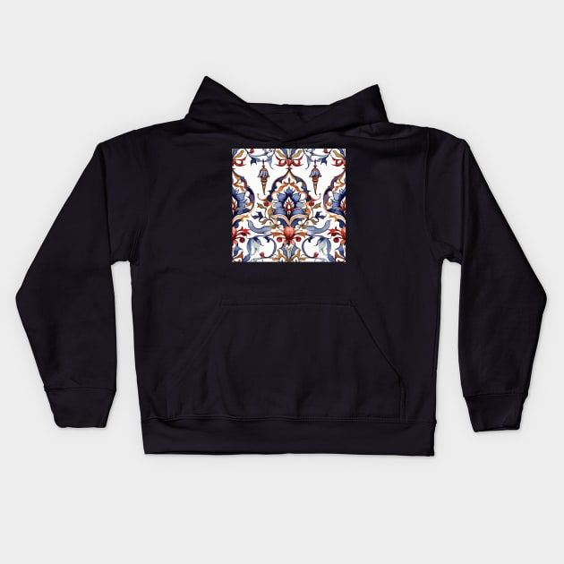 Red Blue Ottoman Pattern on White Kids Hoodie by Siha Arts